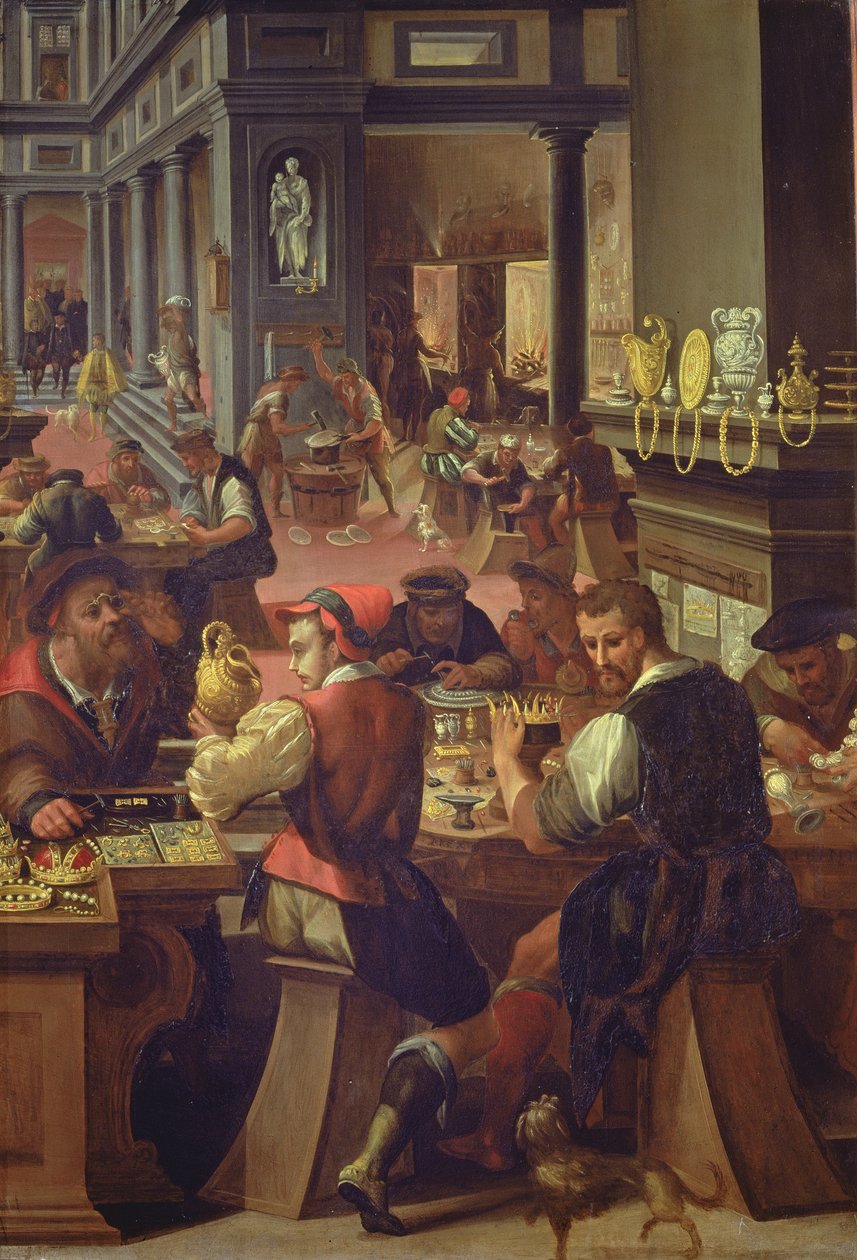 Kuyumcular Atölyesi, 1572 (arduvaz üzerine yağlı boya) by Alessandro di Vincenzio Fei