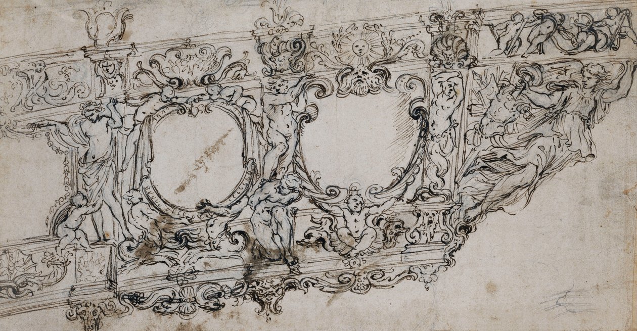 Arıların ve Güneşin Barberini Kolları, Ignudi, Tritonlar, Hipokampalar, Putti ve Harflerin Altındaki Figür Olarak Zafer Alegorisiyle Papa Urban VIII Galerisinin Pruvası için Tasarım VRBA In by Alessandro Algardi