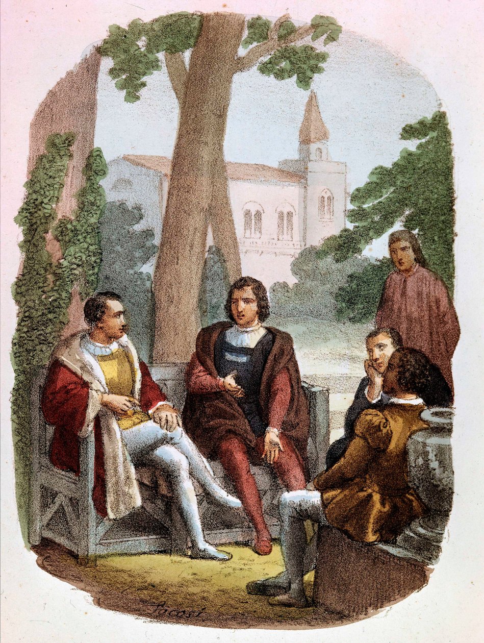 Fabrizio Colonna ve Cosimo Rucellai, Alessandro Focosi'nin (1836 - 1869) çizdiği “” Complete Works by Niccolo Machiavelli””de savaş sanatını tartışıyorlar. Niccolo di Bernardo dei Machiavelli'nin (Nicolas Machiavel) “Savaş Sanatı” by Alessandro Focosi