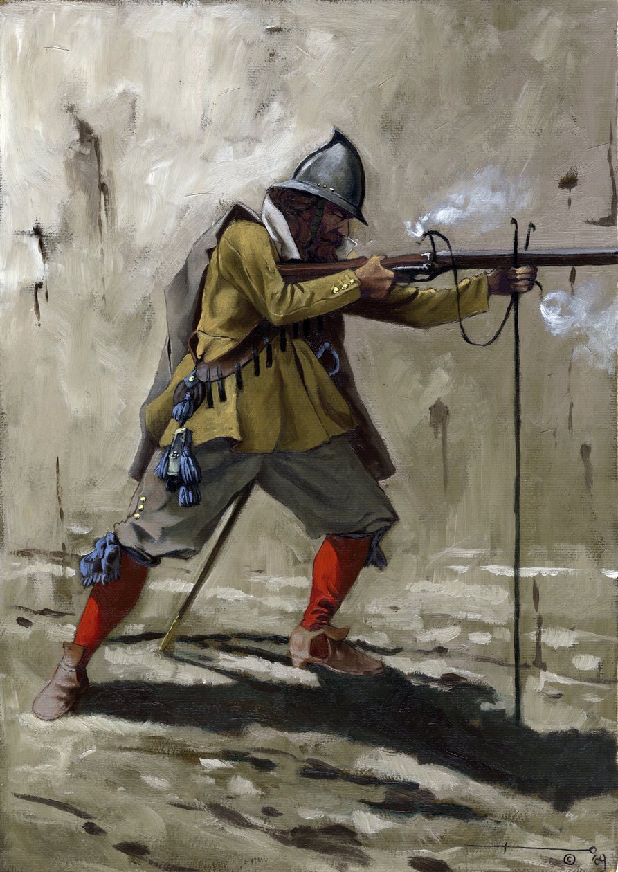 A tercio , 1534 ile 1704 yılları arasında İspanyol piyadelerine ait bir gemi. Alessandro Lonati'nin çizimi by Alessandro Lonati
