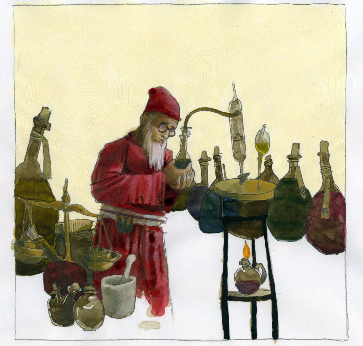 Simyacı laboratuvarında şişeler ve fotoğraflarla çevrili İllüstrasyon, Alessandro Lonati by Alessandro Lonati