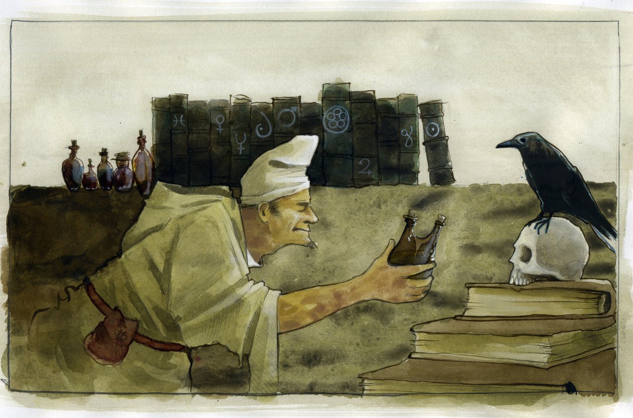 Bir kuzgunla laboratuvarında simyacı, bir kafatası İllüstrasyon, Alessandro Lonati by Alessandro Lonati