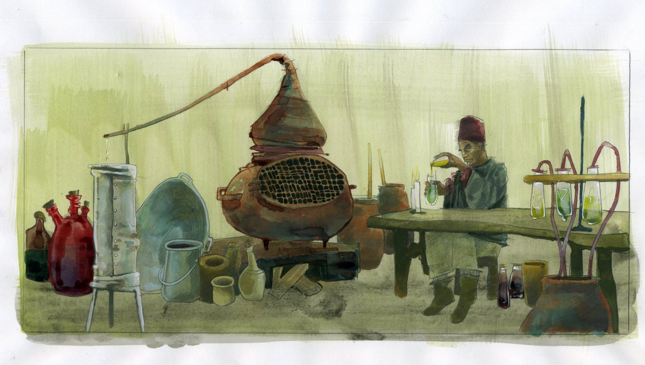 Simyacı laboratuvarında kavanozlar ve damıtıcıyla (laboratuarında kavanozlar ve damıtıcıyla simyacı) İllüstrasyon, Alessandro Lonati by Alessandro Lonati