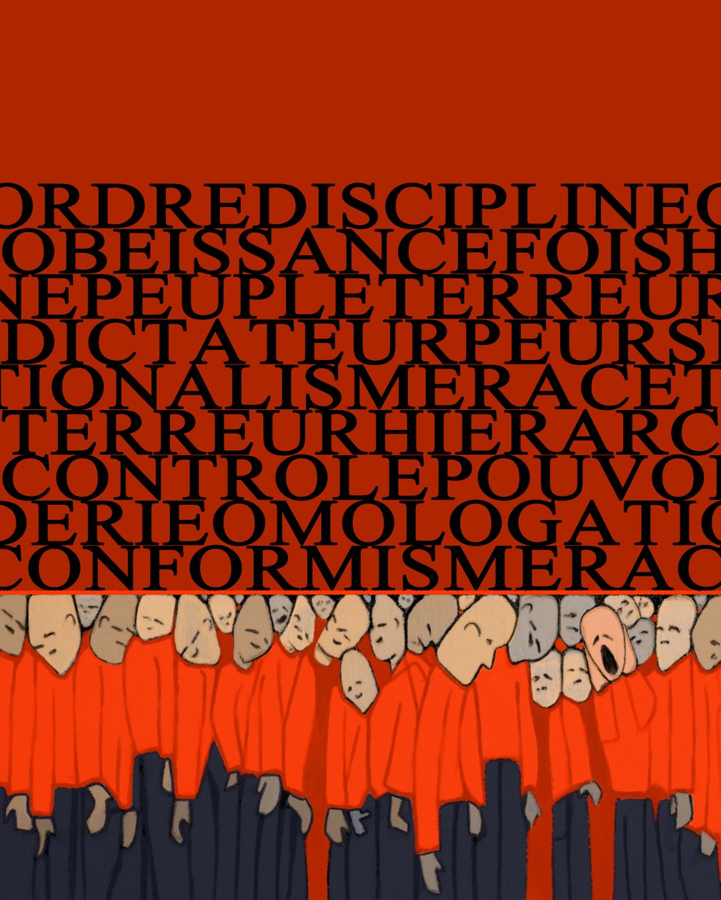 Diktatörlüğün, baskının, insan üzerindeki disiplinin, güç tarafından ezilmiş kalabalığın ve zorba korkusunun alegorisi - İllüstrasyon 2014 by Alessandro Lonati