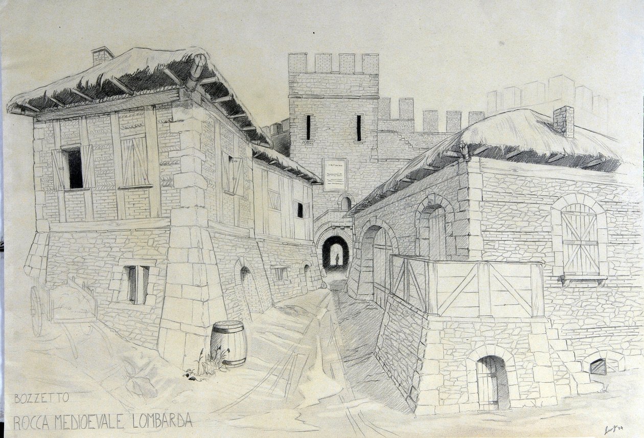 Orta Çağ Mimarisi: Bir Orta Çağ Lombard şehrinin surlarının görünümü. Alessandro Lonati'nin kalem çizimi. by Alessandro Lonati