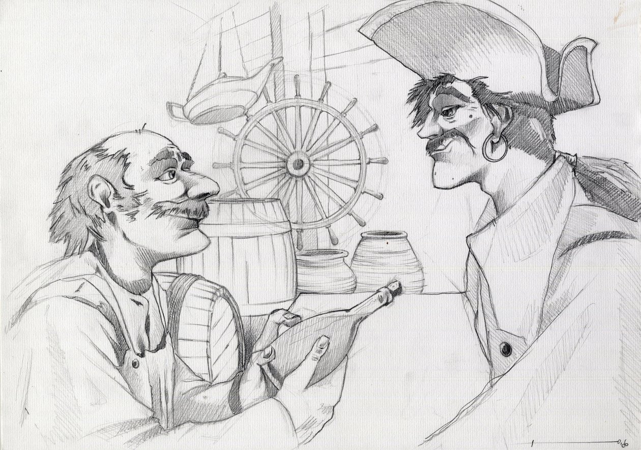Caraibes korsanı bir handa elinde şişeyle. Alessandro Lonati'nin çizimi. by Alessandro Lonati