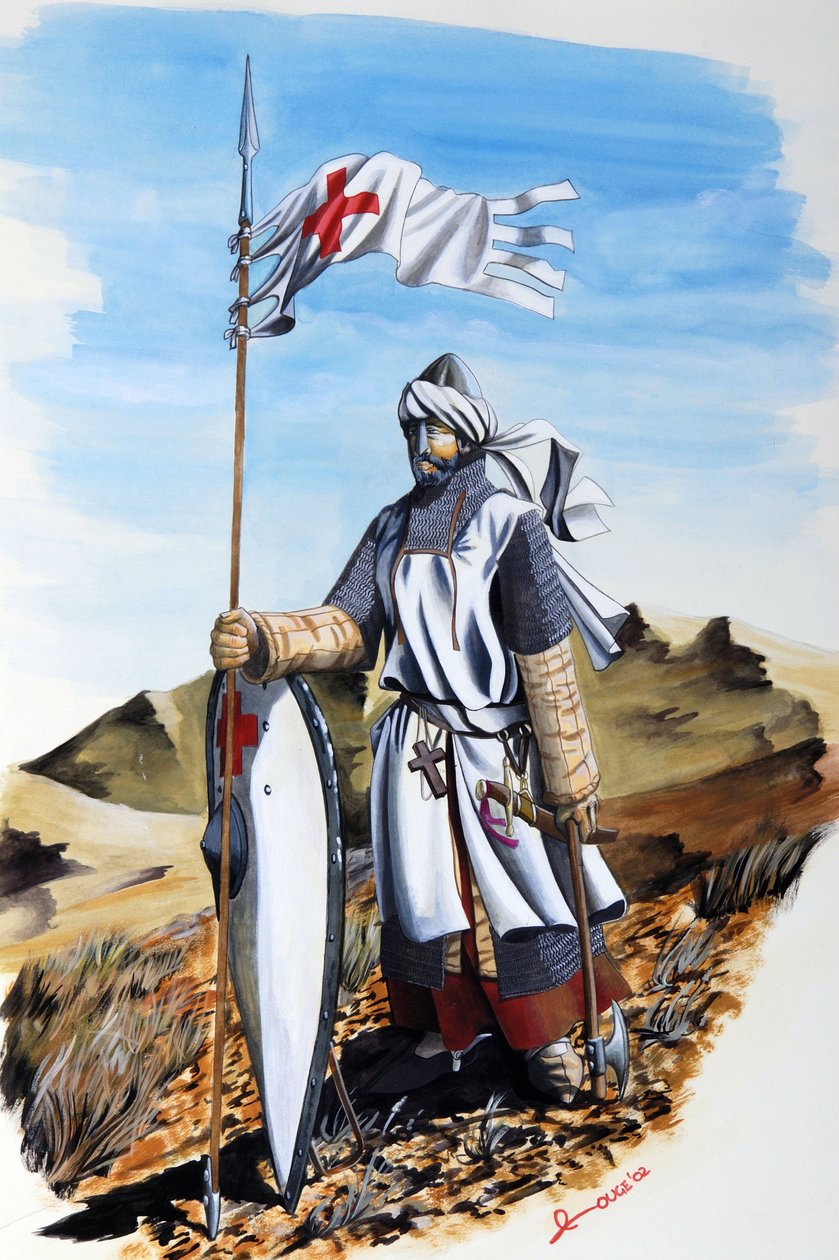 Haçlı Seferleri: Kızıl Haç ile beyaz bir önlük giyen Tapınakçılar Tarikatı'ndan bir şövalye. Alessandro Lonati'nin illüstrasyonu by Alessandro Lonati