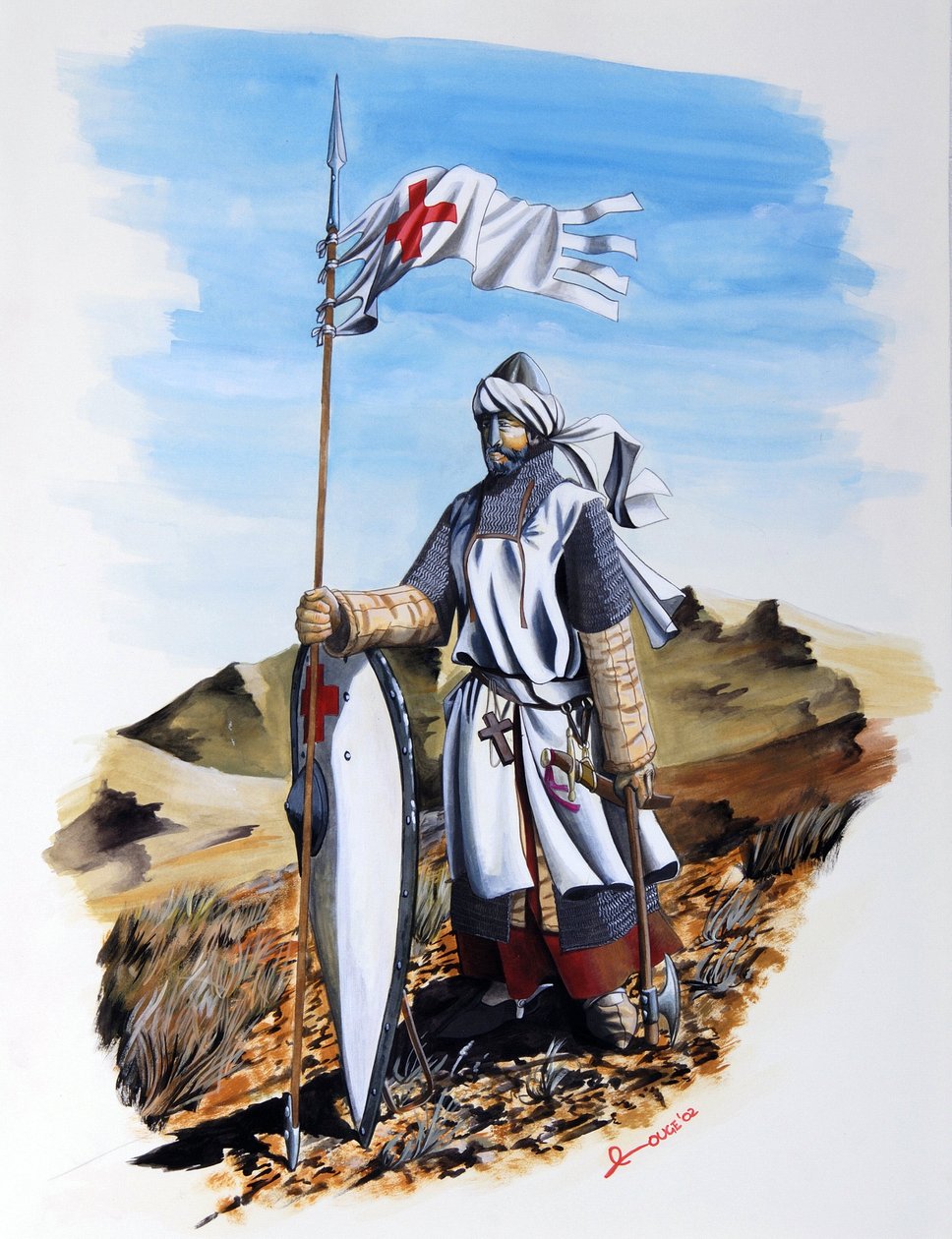 Haçlı Seferleri: Kızıl Haç ile beyaz bir önlük giyen Tapınakçılar Tarikatı'ndan bir şövalye. Alessandro Lonati'nin illüstrasyonu by Alessandro Lonati