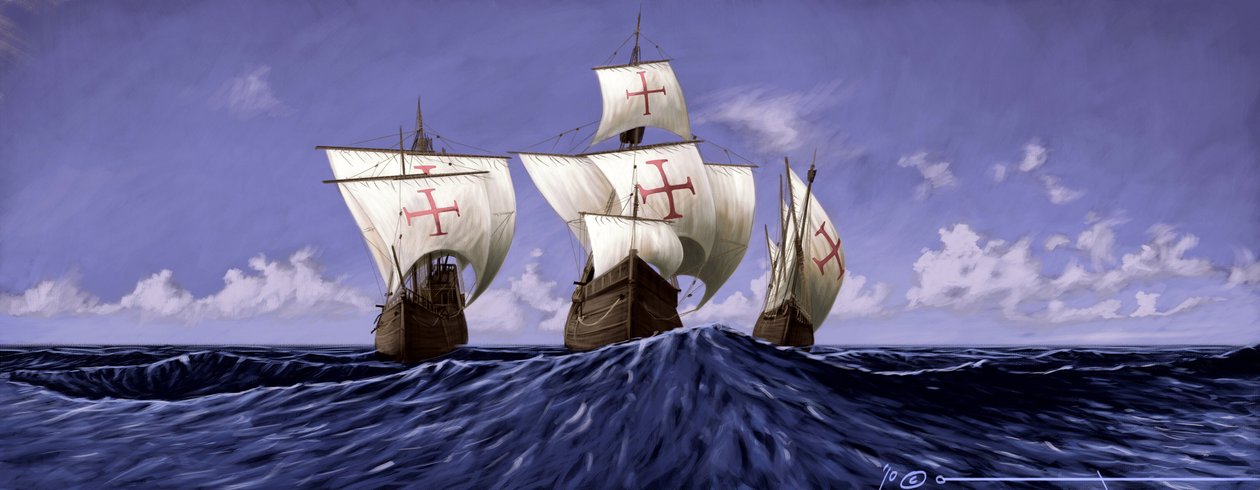 Amerika'yı Keşfedin: “Pinta', “Nina” ve “Santa Maria', Kristof Kolomb'un 1492 seferi sırasındaki karavelaları. Alesandro Lonati'nin çizimi. 2010 by Alessandro Lonati