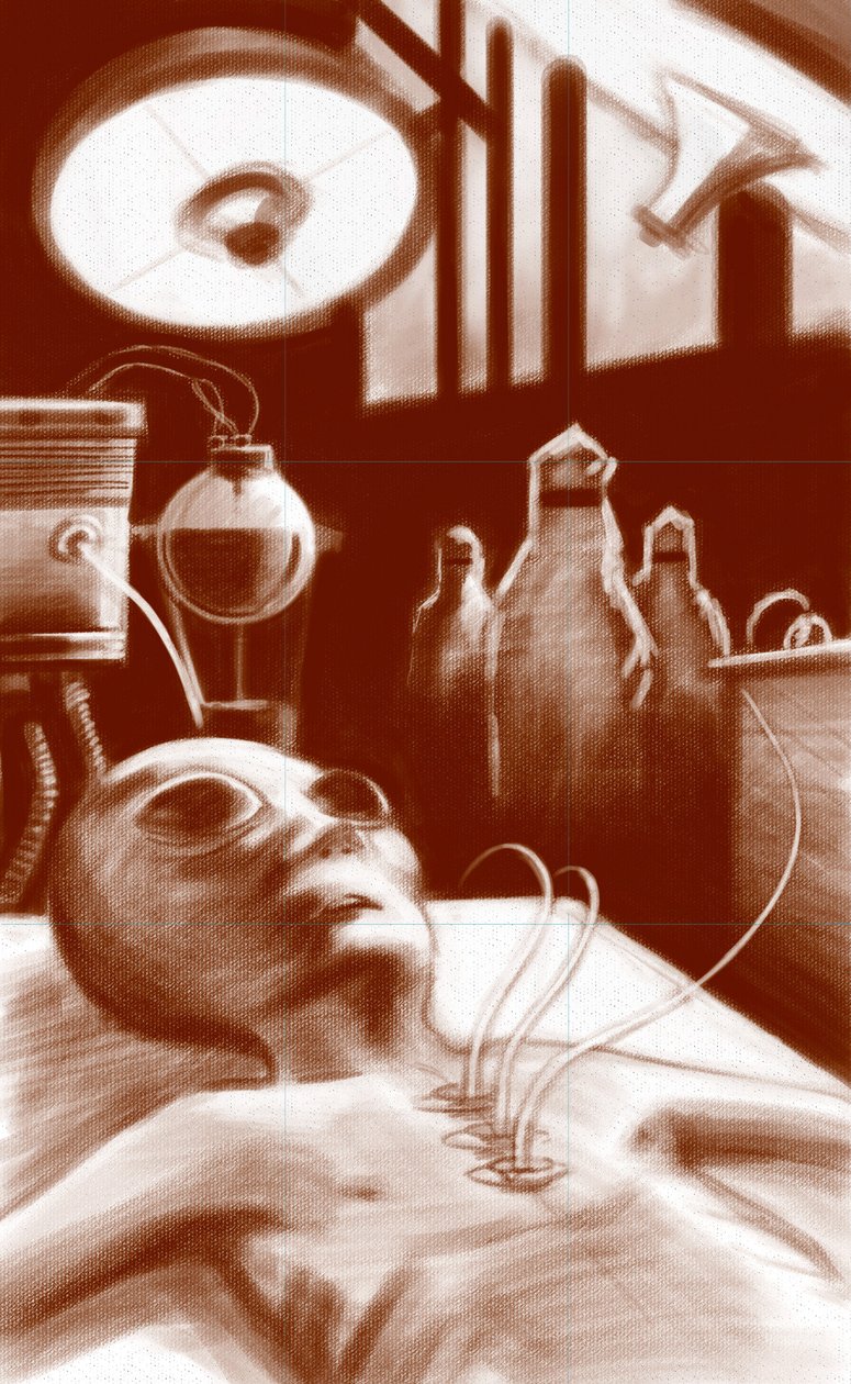 Fantastik Yaratık: laboratuvar testlerine tabi tutulan bir uzaylı. Alesandro Lonati'nin illüstrasyonu. 2010 by Alessandro Lonati