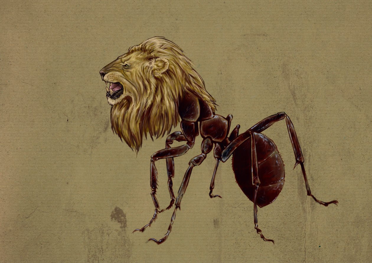 Fantastik canavarlar ve yaratıklar, kriptozooloji: Myrmecoleo'nun temsili, aslan başlı karınca - Çizim, Alessandro Lonati, 2012 by Alessandro Lonati