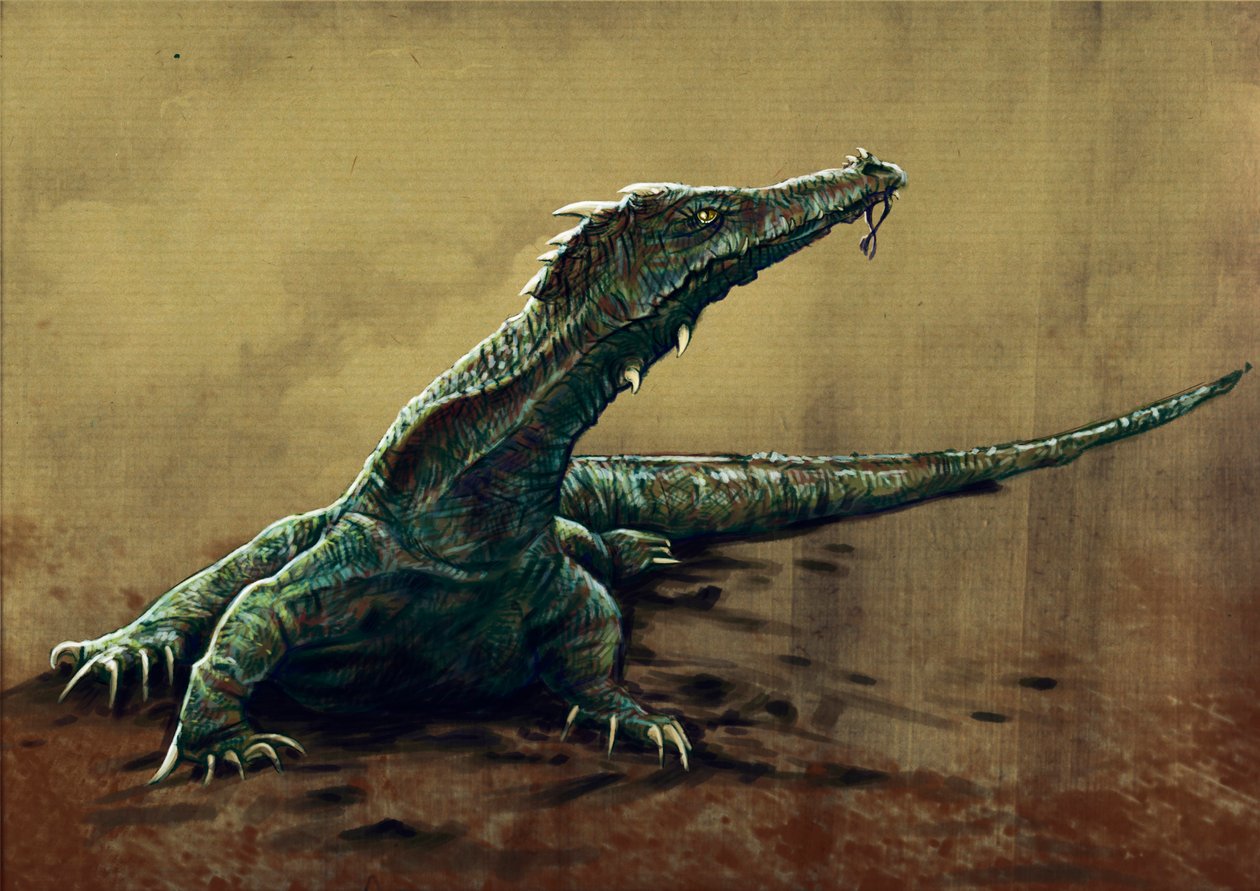 Fantastik canavarlar ve yaratıklar, kriptozooloji: kuzeydoğu Hindistan'da görülmüş olabilecek bir buru, büyük lezard temsili - Çizim, Alessandro Lonati, 2012 by Alessandro Lonati