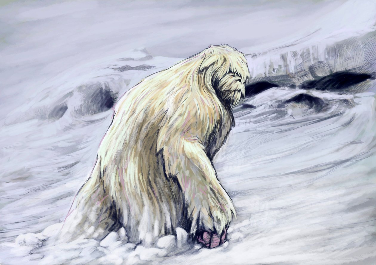 Fantastik canavarlar ve yaratıklar, kriptozooloji: Himalaya bölgesi folklorunun yeti veya "iğrenç kardan adam" antropomorfik yaratığının temsili (Yeti veya Abominable Snowman, Ne'nin Himalaya bölgesinde yaşadığı söylenen maymun benzeri bir kr by Alessandro Lonati