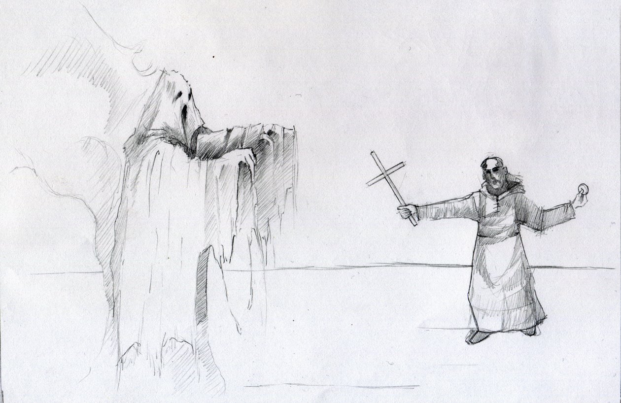 Haç tutan bir keşiş ile hayalet arasındaki kavga Alessandro Lonati by Alessandro Lonati