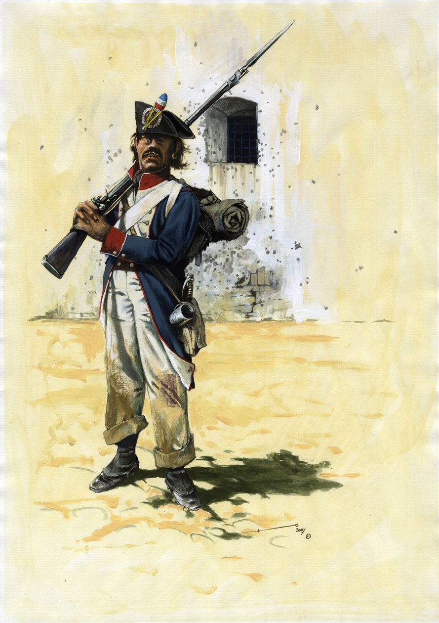 Birinci İmparatorluk (1804-1804 ve 1815): bir kalede büyük Napolyon ordusunun Fransız piyade tugayının piyade askeri ve nişancısı. Alessandro Lonati'nin çizimi. by Alessandro Lonati