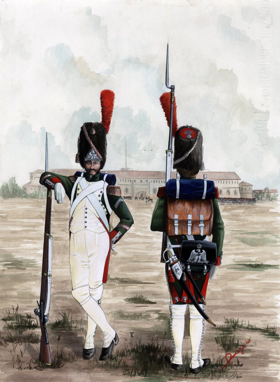 Birinci İmparatorluk (1804-1814 ve 1815): İtalya'nın Milano kentindeki Sforzesco Kalesi meydanındaki Büyük Napolyon Ordusu Kraliyet Muhafızları'nın Grenadier askerleri. Alessandro Lonati'nin çizimi by Alessandro Lonati