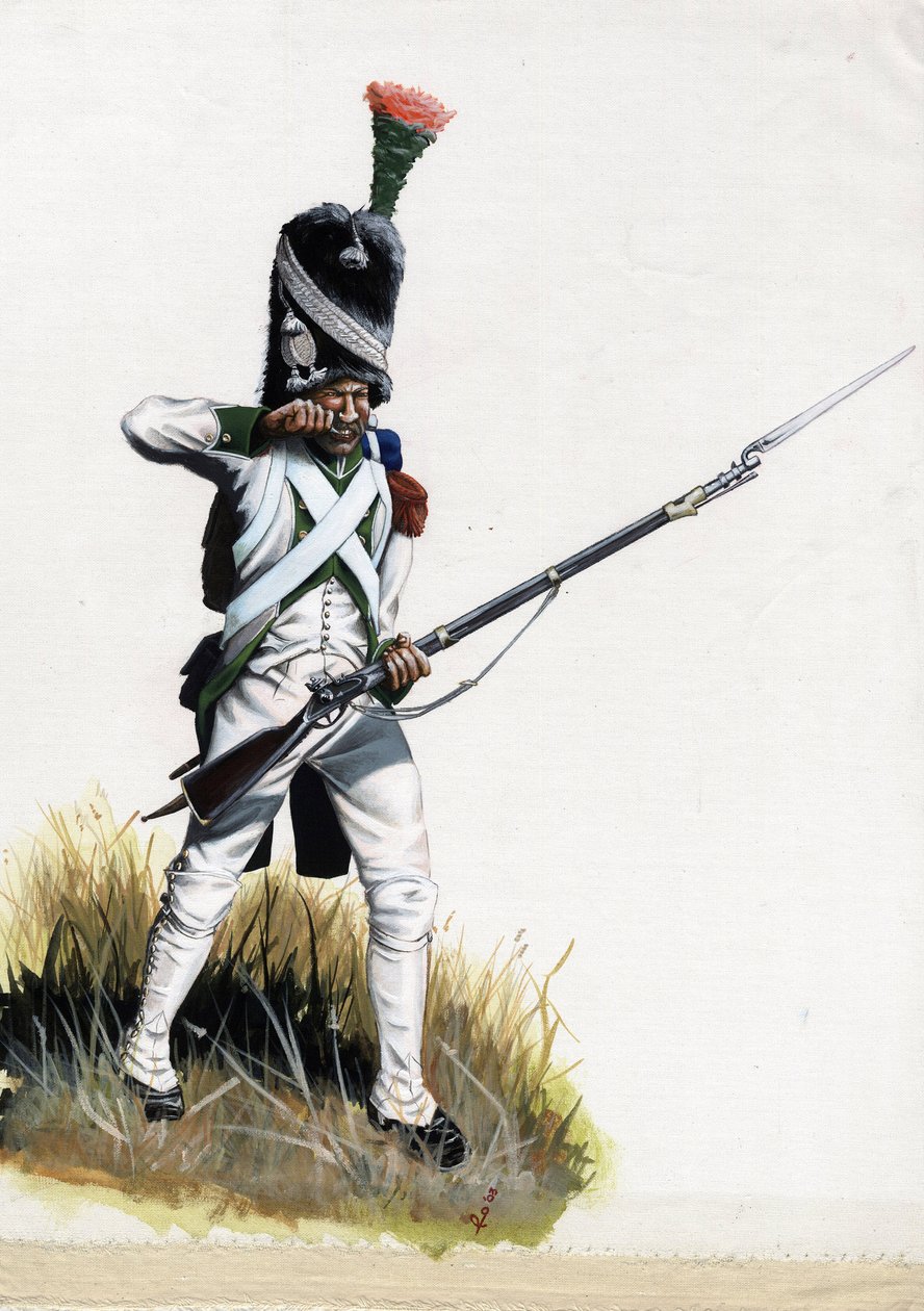 Birinci İmparatorluk (1804-1814 ve 1815): İtalya'daki büyük Napolyon ordusunun mermi açan Velite askeri. Alessandro Lonati'nin çizimi by Alessandro Lonati