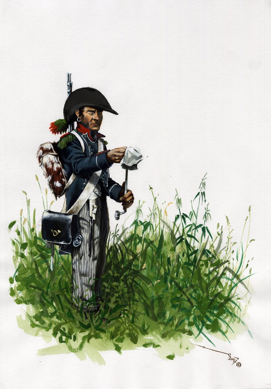 Birinci İmparatorluk (1804-1814 ve 1815): büyük Fransız Napolyon ordusunun piyade avcısı asker. Alessandro Lonati'nin çizimi by Alessandro Lonati