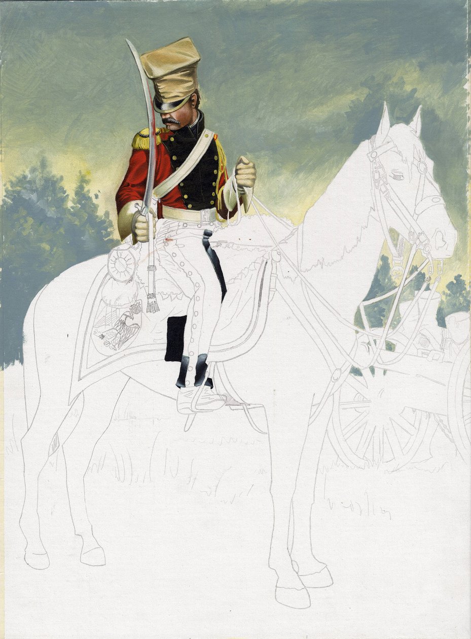 Birinci İmparatorluk (1804-1814 ve 1815): büyük Fransız Napolyon ordusunun hafif süvarilerinin askeri. Alessandro Lonati'nin bitmemiş çizimi. by Alessandro Lonati