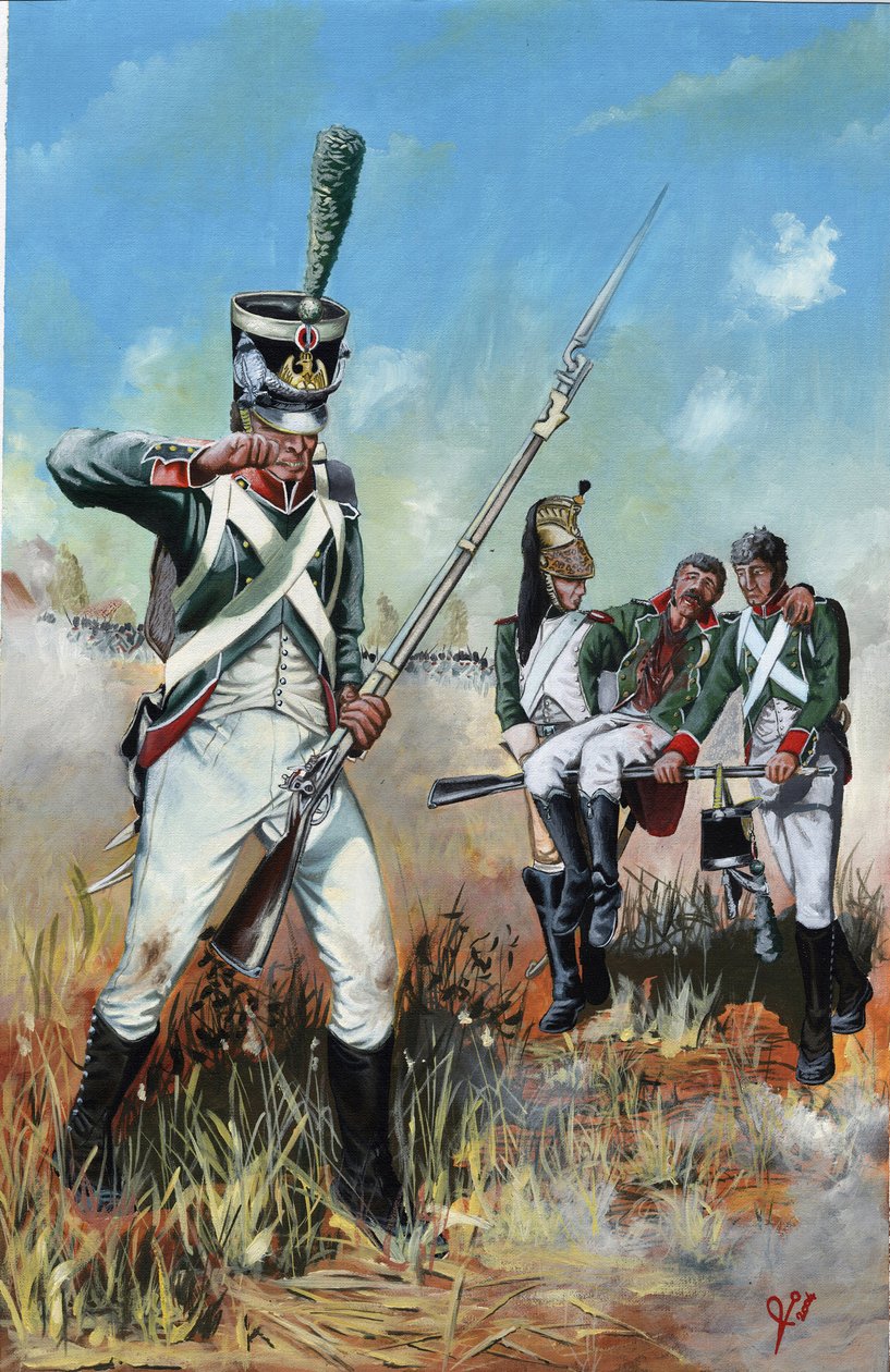 Birinci İmparatorluk (1804-1814 ve 1815): İtalya'daki büyük Napolyon ordusunun yaralı bir yoldaşa yardım eden askerleri. Alessandro Lonati'nin çizimi by Alessandro Lonati