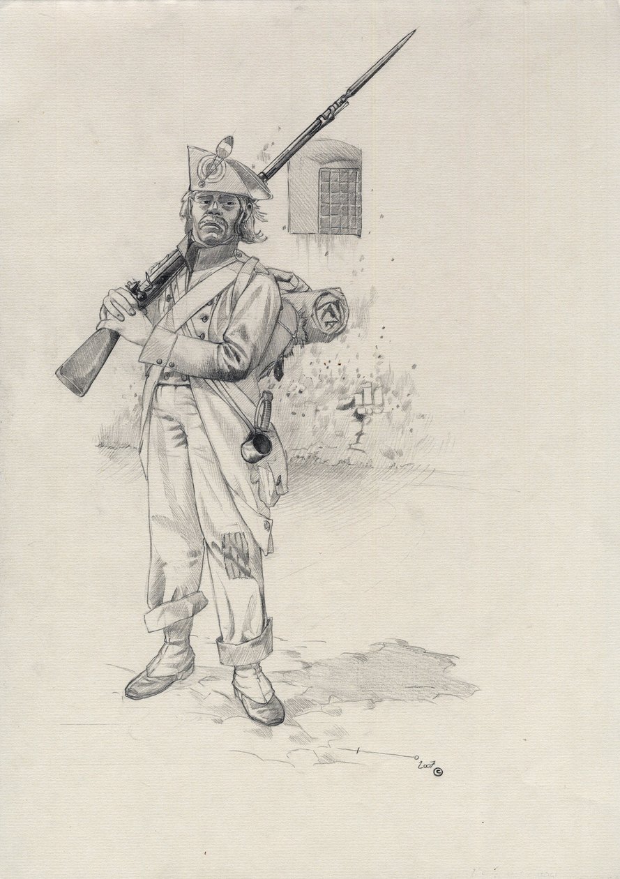 Birinci İmparatorluk (1804-1814 veya 1815): Napolyon ordusunun askeri, bir kaledeki süvari tugayının piyade askeri. Alessandro Lonati'nin çizimi by Alessandro Lonati