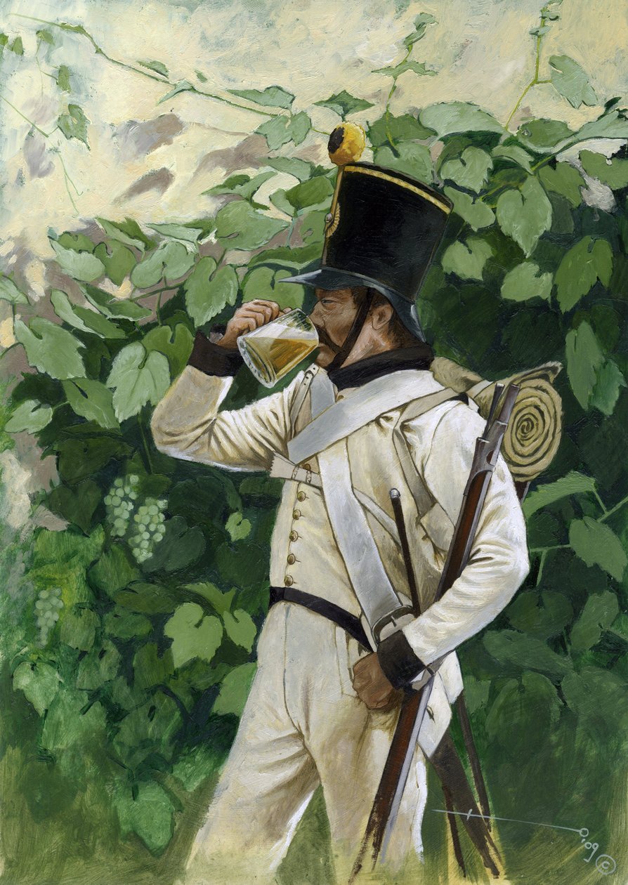 Birinci İmparatorluk: Avusturyalı piyade subayı bira bardağı içiyor. Alessandro Lonati'nin çizimi by Alessandro Lonati