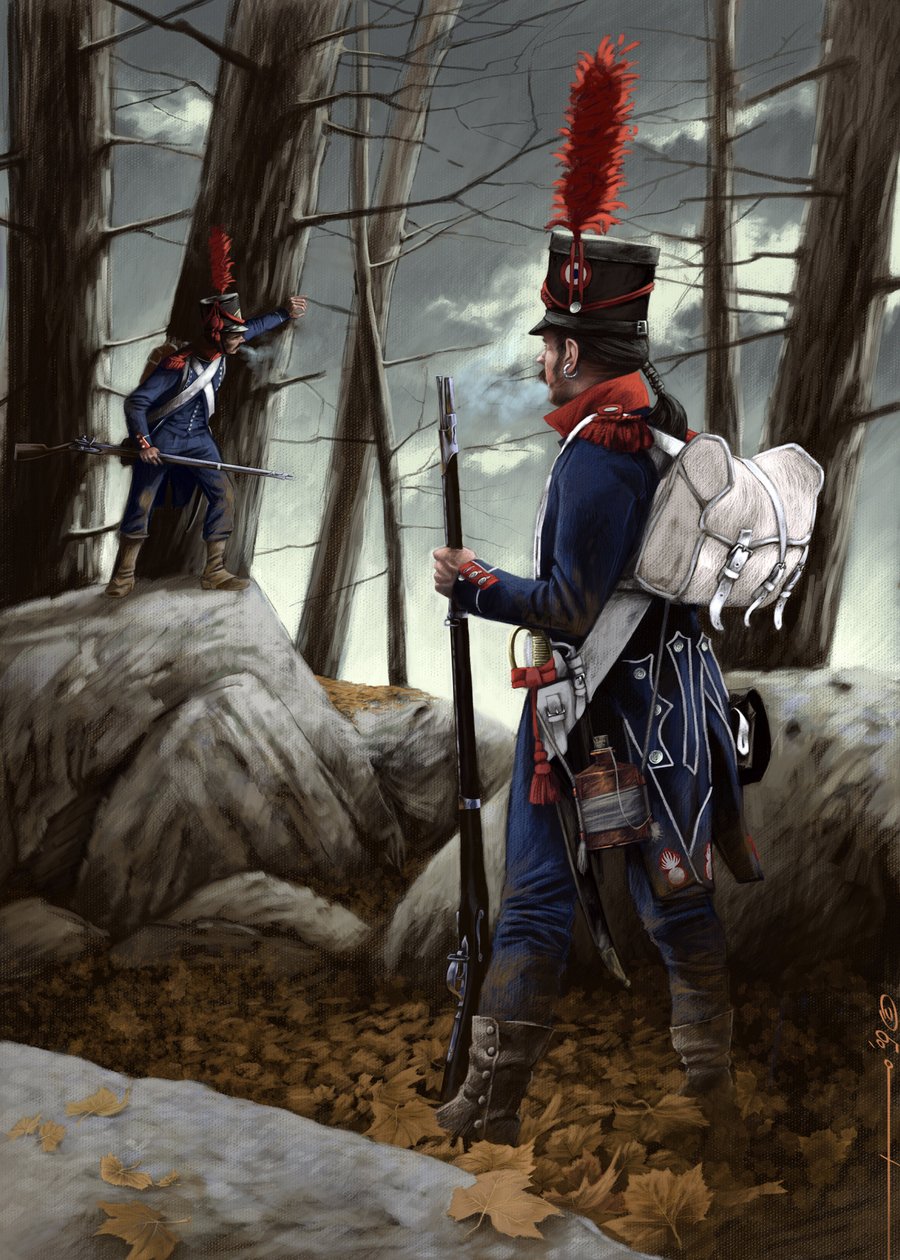 Birinci İmparatorluk: Great Armee'nin hafif piyade tüfeği. Alessandro Lonati'nin çizimi by Alessandro Lonati