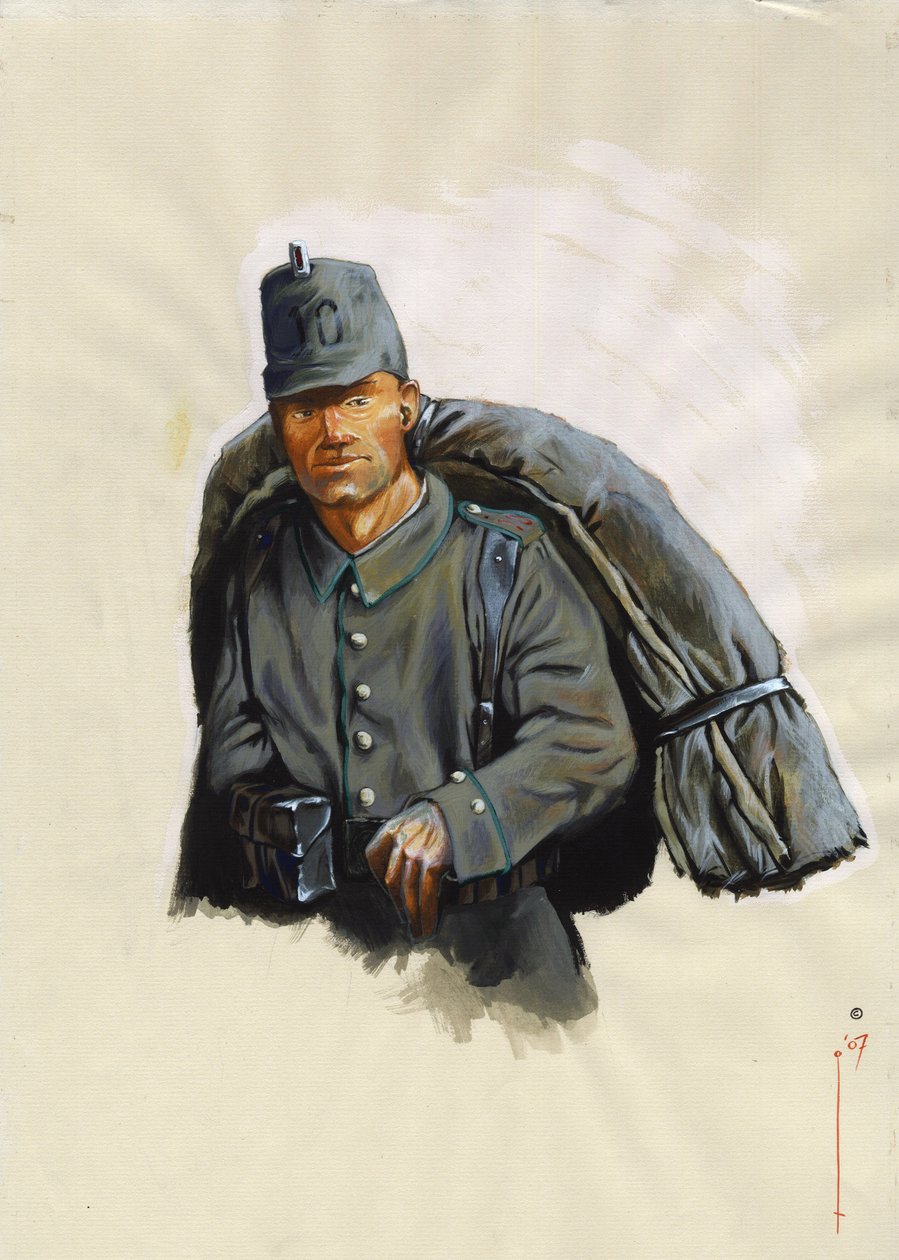 Birinci Dünya Savaşı 1914-1918: İtalya'da Alpler cephesinde dağ teçhizatlı Avusturyalı jager veya avcı by Alessandro Lonati