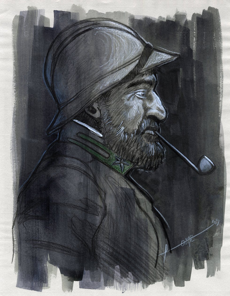 Birinci Dünya Savaşı 1914-1918: 1915'te pipo içen İtalyan ordusundan bir askerin profil portresi. Çizim Alessandro Lonati by Alessandro Lonati