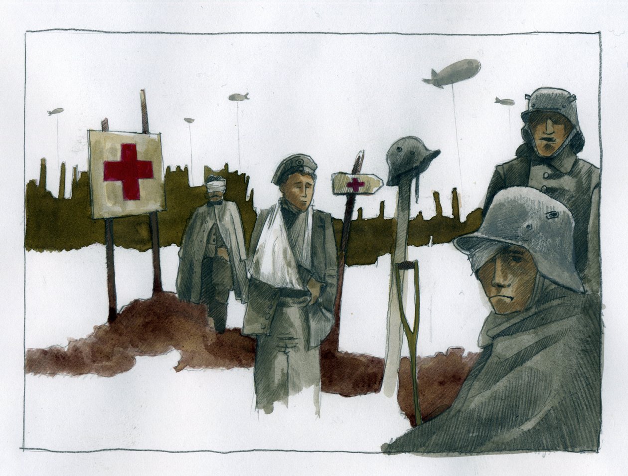 Birinci Dünya Savaşı: Kızıl Haç kurtarma karakolunda görevli Gules kazaları ve savaş yaralıları - 1914-1918 İllüstrasyon, Alessandro Lonati by Alessandro Lonati