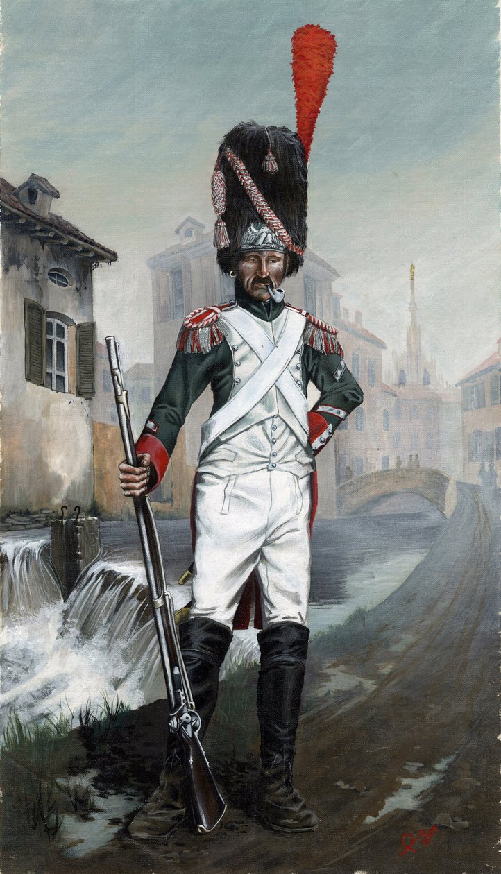 Birinci imparatorluk (1804-1814 ve 1815): Milano kanalı yakınlarında, arka planda katedral bulunan İtalyan Grenadier askerleri. Alessandro Lonati'nin çizimi by Alessandro Lonati