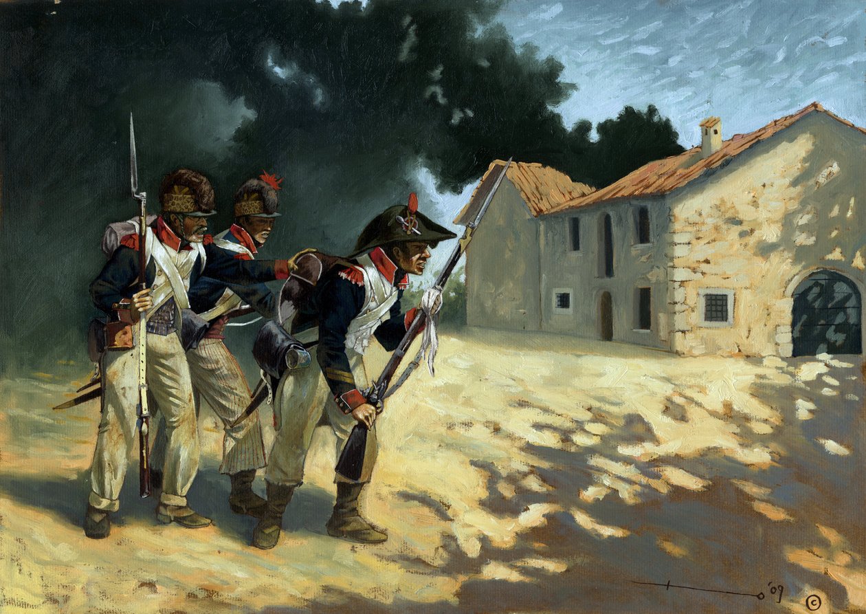 Birinci imparatorluk: İtalyan seferleri sırasında devriye gezen Fransız piyadelerinin el bombaları. Alessandro Lonati'nin çizimi by Alessandro Lonati