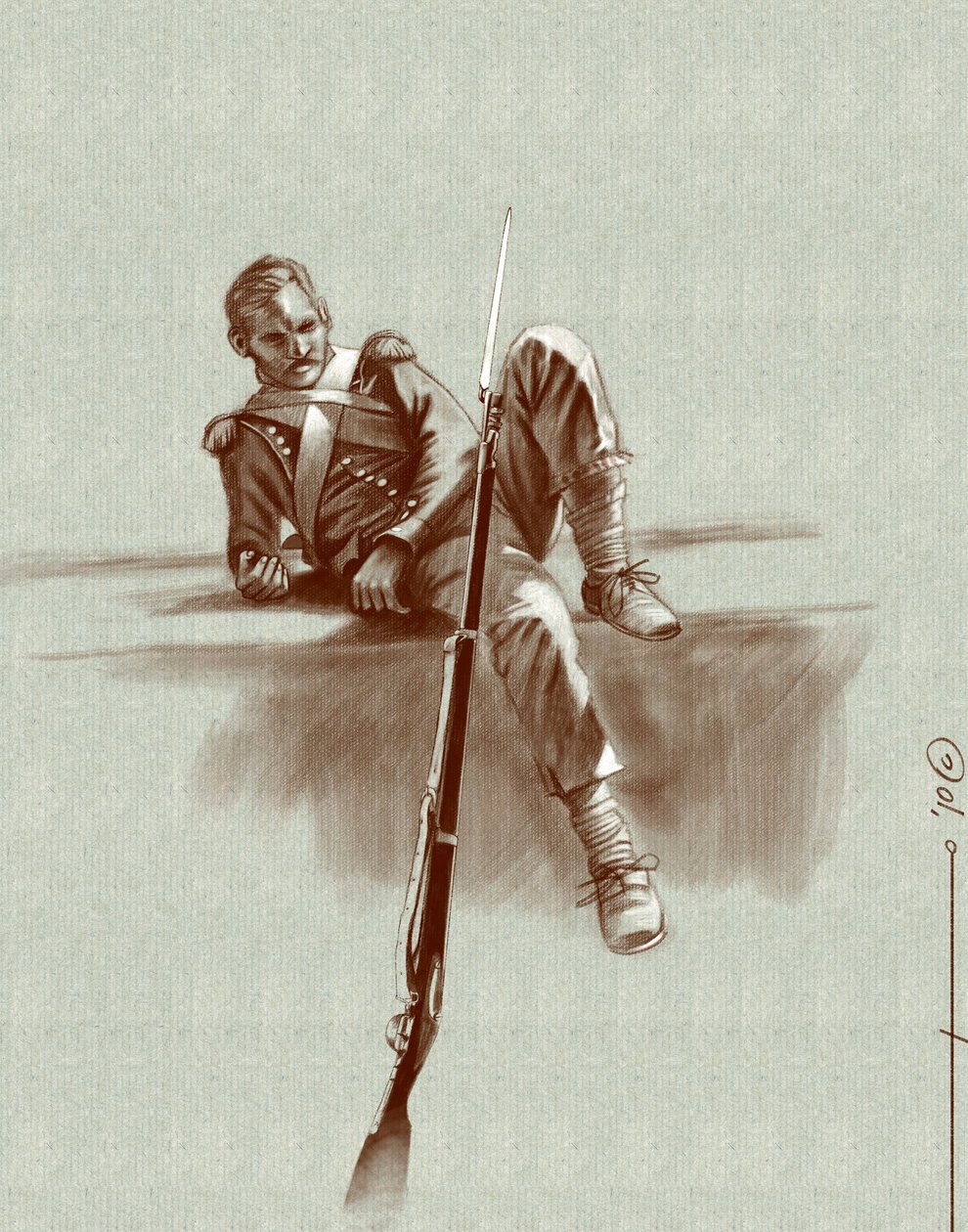 Birinci imparatorluk: Napolyon I'in (muhtemelen Rusya'da) 19. yüzyılın başlarındaki seferi sırasında hareketsiz duran hafif piyade askeri. Alesandro Lonati'nin illüstrasyonu. 2010 by Alessandro Lonati