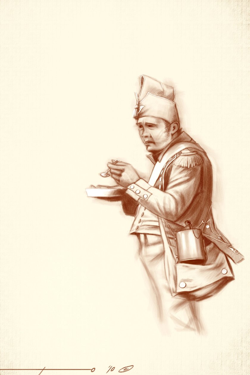 İlk imparatorluk: 19. yüzyılın başlarında I. Napolyon'un (muhtemelen Rusya'da) bir seferi sırasında yemek sırasında hafif piyade askeri. Alesandro Lonati'nin illüstrasyonu. 2010 by Alessandro Lonati