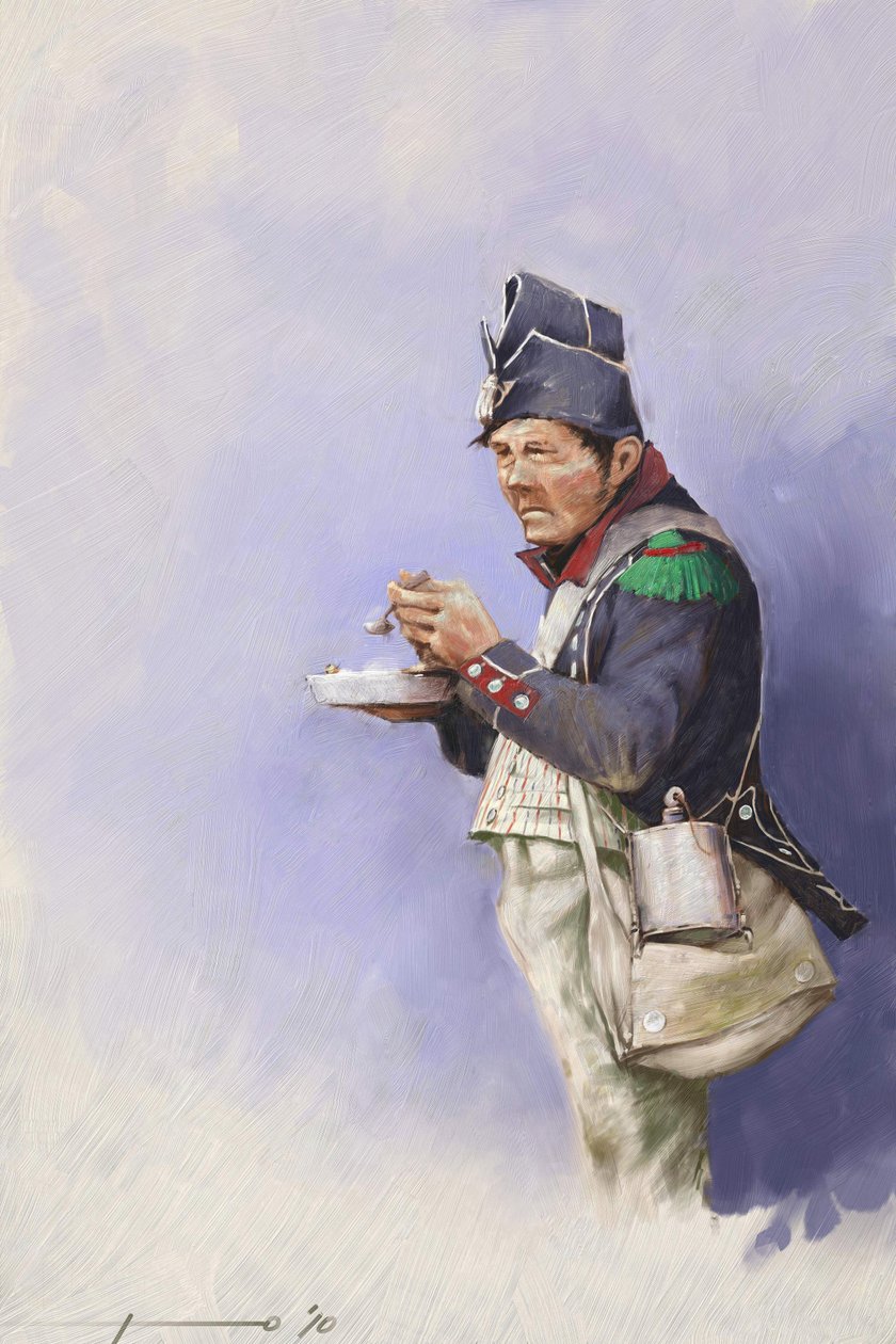 İlk imparatorluk: 19. yüzyılın başlarında I. Napolyon'un (muhtemelen Rusya'da) bir seferi sırasında yemek sırasında hafif piyade askeri. Alessandro Lonati'nin illüstrasyonu. 2010 by Alessandro Lonati