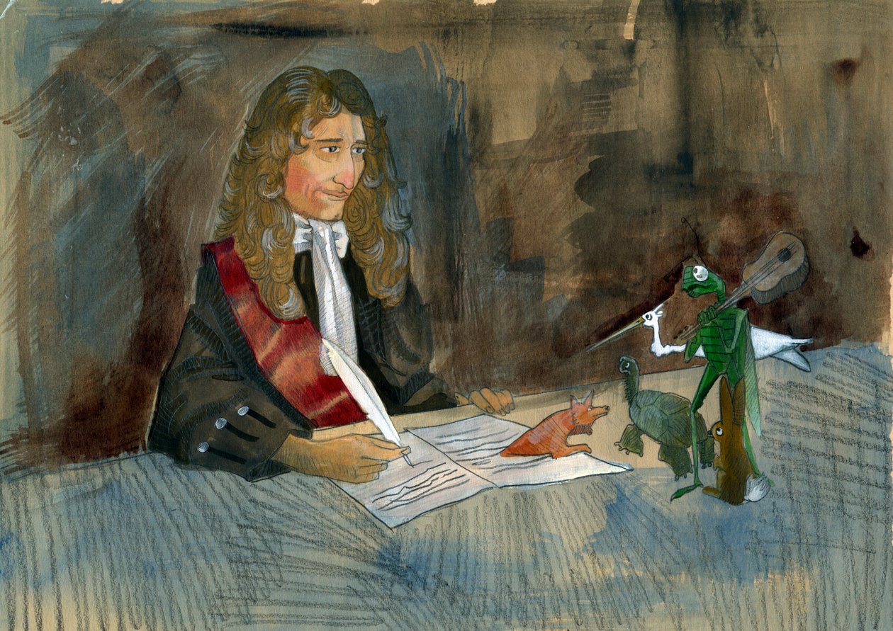 Fransız yazar Jean de la Fontaine masallarındaki karakterlerine bakıyor Alessandro Lonati'nin İllüstrasyonu by Alessandro Lonati