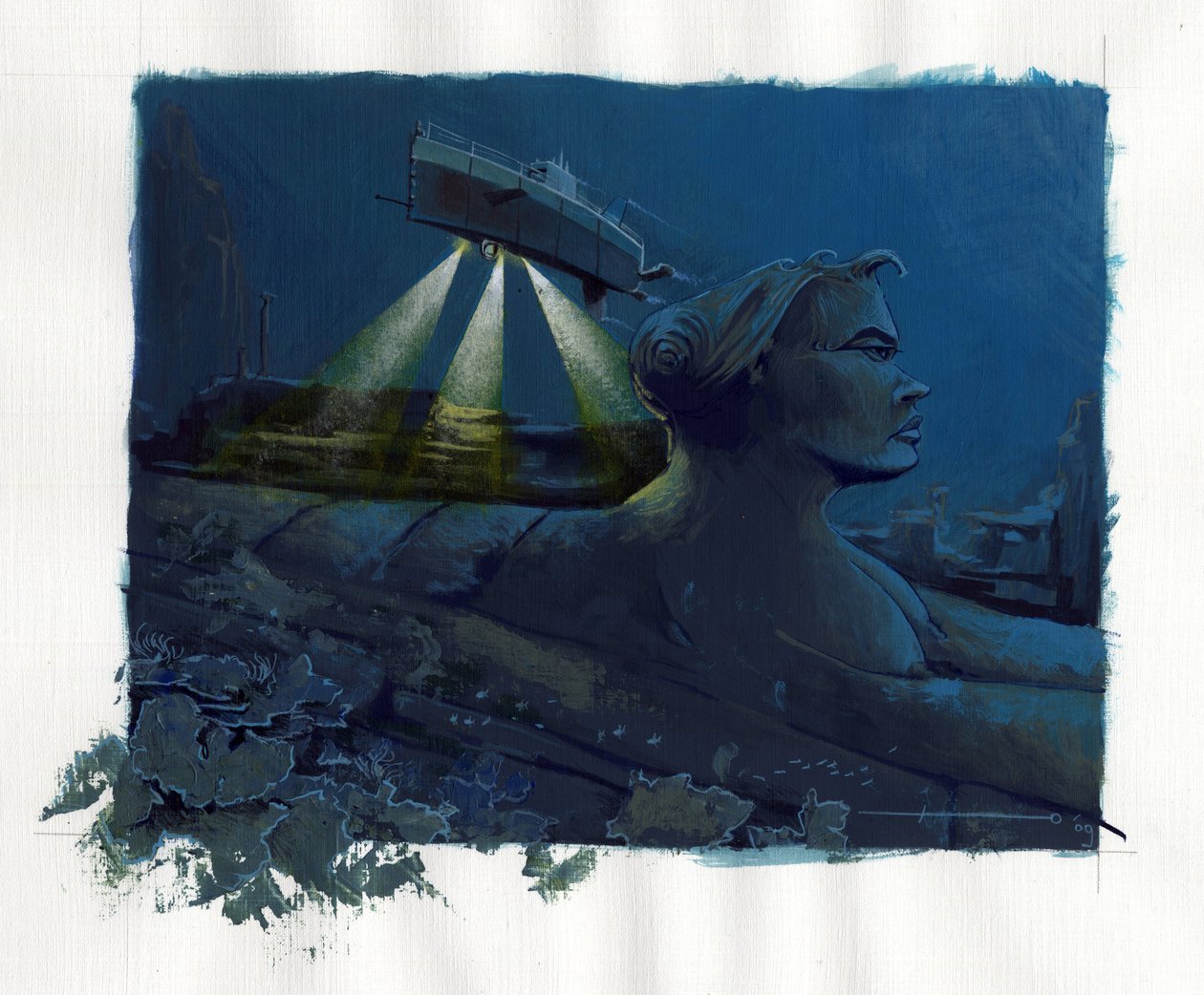 Atlantis Denizi'nin (Atlantis) altında kaybolan ada mitinin illüstrasyonu: bir denizaltı (denizaltı), efsanevi adanın diplerini araştırır ve kalıntılarını keşfeder. Alessandro Lonati'nin çizdiği renk. by Alessandro Lonati