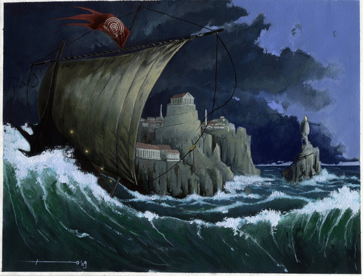 Atlantis Denizi'nin altında kaybolan ada efsanesinin illüstrasyonu: Yunan şehrinin efsanevi adanın kaybolmadan önceki görünümü. Alessandro Lonati'nin çizdiği renk. by Alessandro Lonati