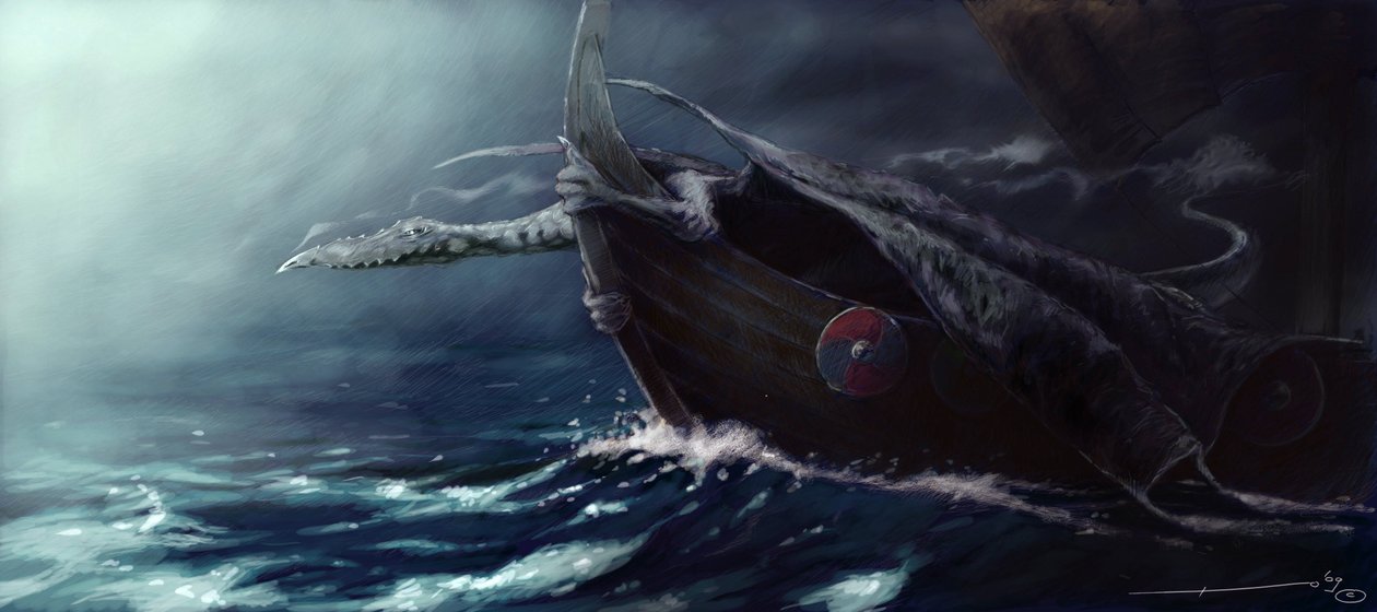 Efsanevi Yaratık: Alessandro Lonati'nin Drakkar'a (Viking Teknesine) Saldıran Ejderha Çizimi by Alessandro Lonati
