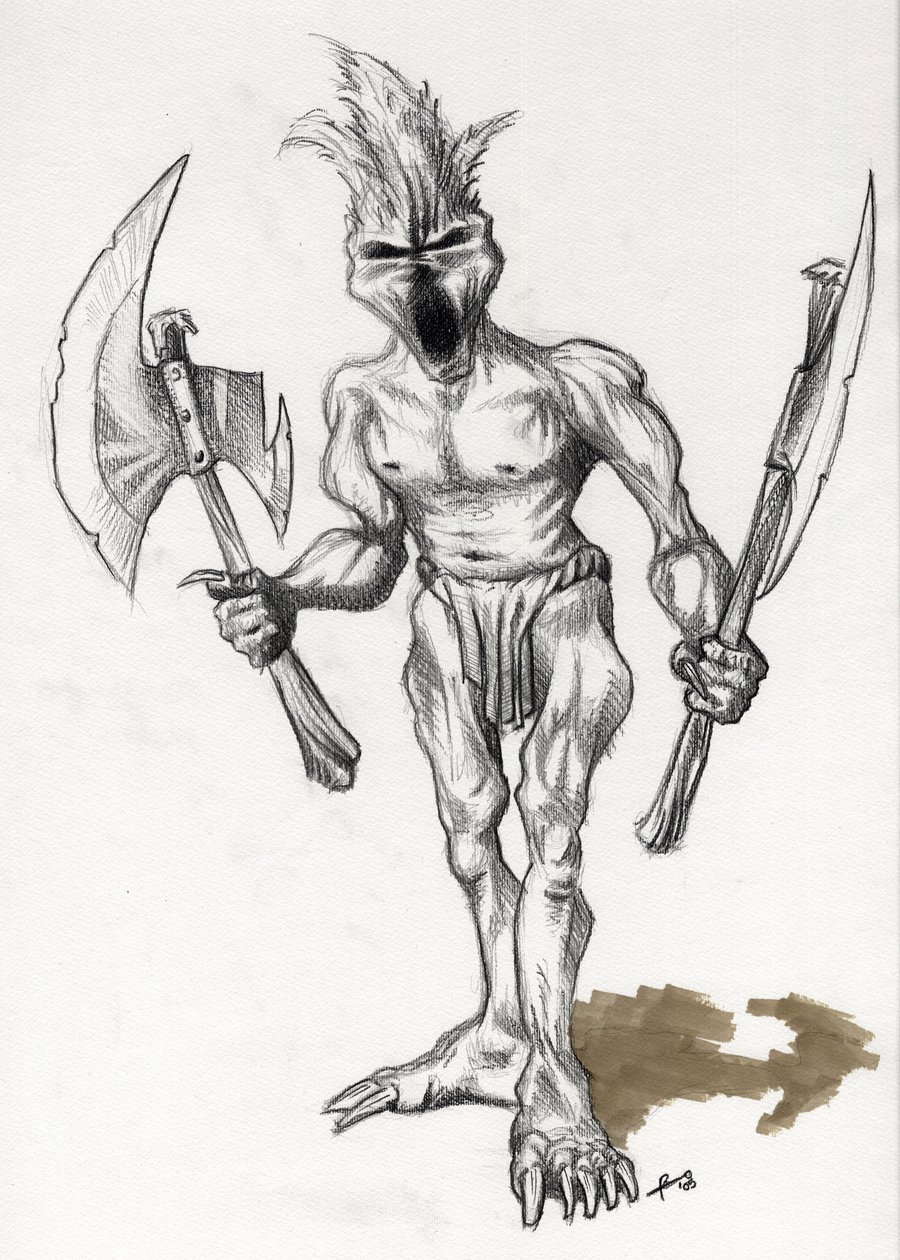 Fantasy Illustration için efsanevi canavar: baltalı trol savaşçısı. Alessandro Lonati'nin çizimi by Alessandro Lonati