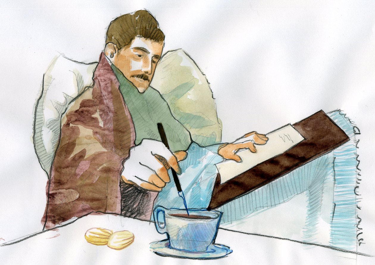 Marcel Proust, halası Elisabeth'in çayıyla yazan hasta bir adam olarak (kağıt üzerine mürekkep) by Alessandro Lonati
