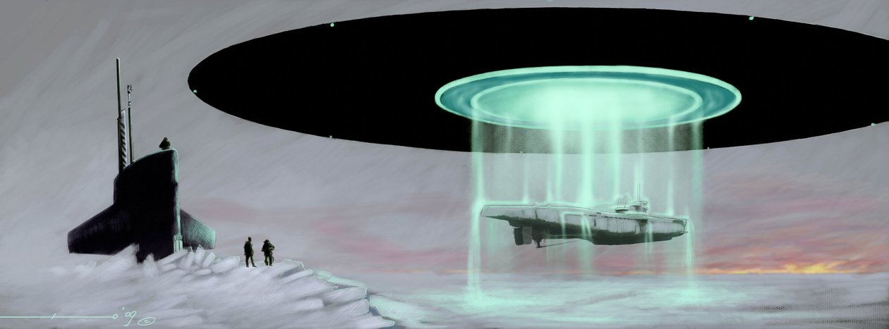 Savaş sırasında uzaylılar tarafından alınan bir denizaltının iadesi için bir U-boot denizaltı ile bir uçan daire (UFO, UFO veya uzaylı) arasında Kuzey Kutbu'nda buluşma. Alessandro Lonati'nin çizimi by Alessandro Lonati