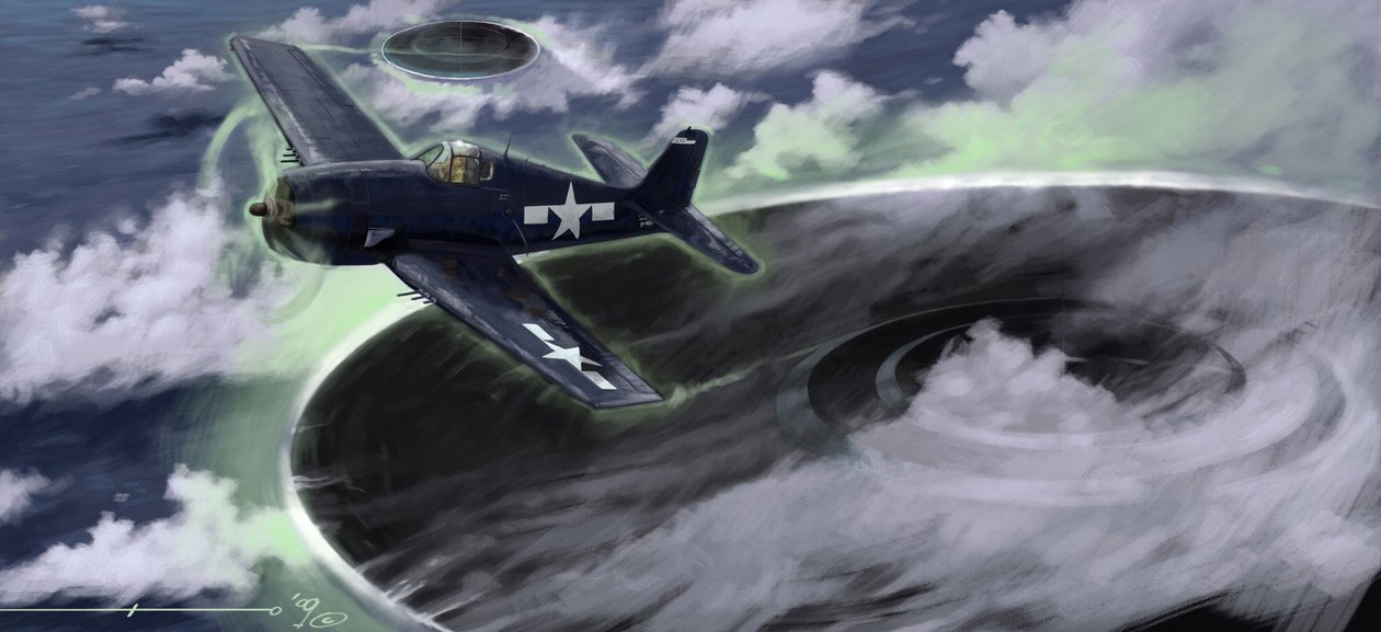 Gizemli fenomen: 1940'larda bir ABD Donanması uçağının Bermuda üçgeninde kaybolmasını tasvir ediyor. Bir efsane, burada temsil edilen şeyin UFO'ların (UFO veya uzaylılar) işi olacağını öne sürüyor. Alessandro Lonati'nin çizimi by Alessandro Lonati
