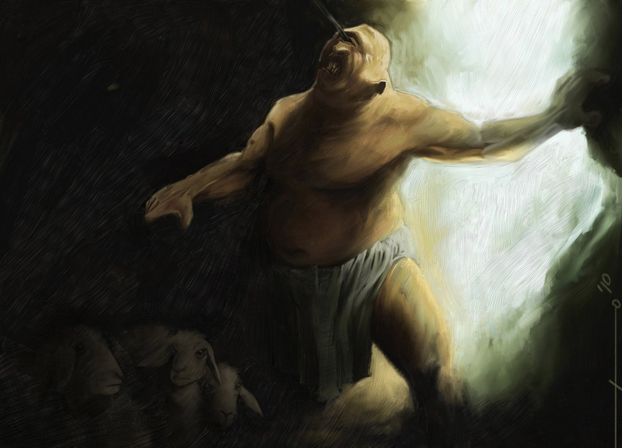 Homere Odyssee: Cyclops Polypheme, Ulysses tarafından mağarasında kör edilmiştir. Alessandro Lonati'nin illüstrasyonu. 2010 by Alessandro Lonati