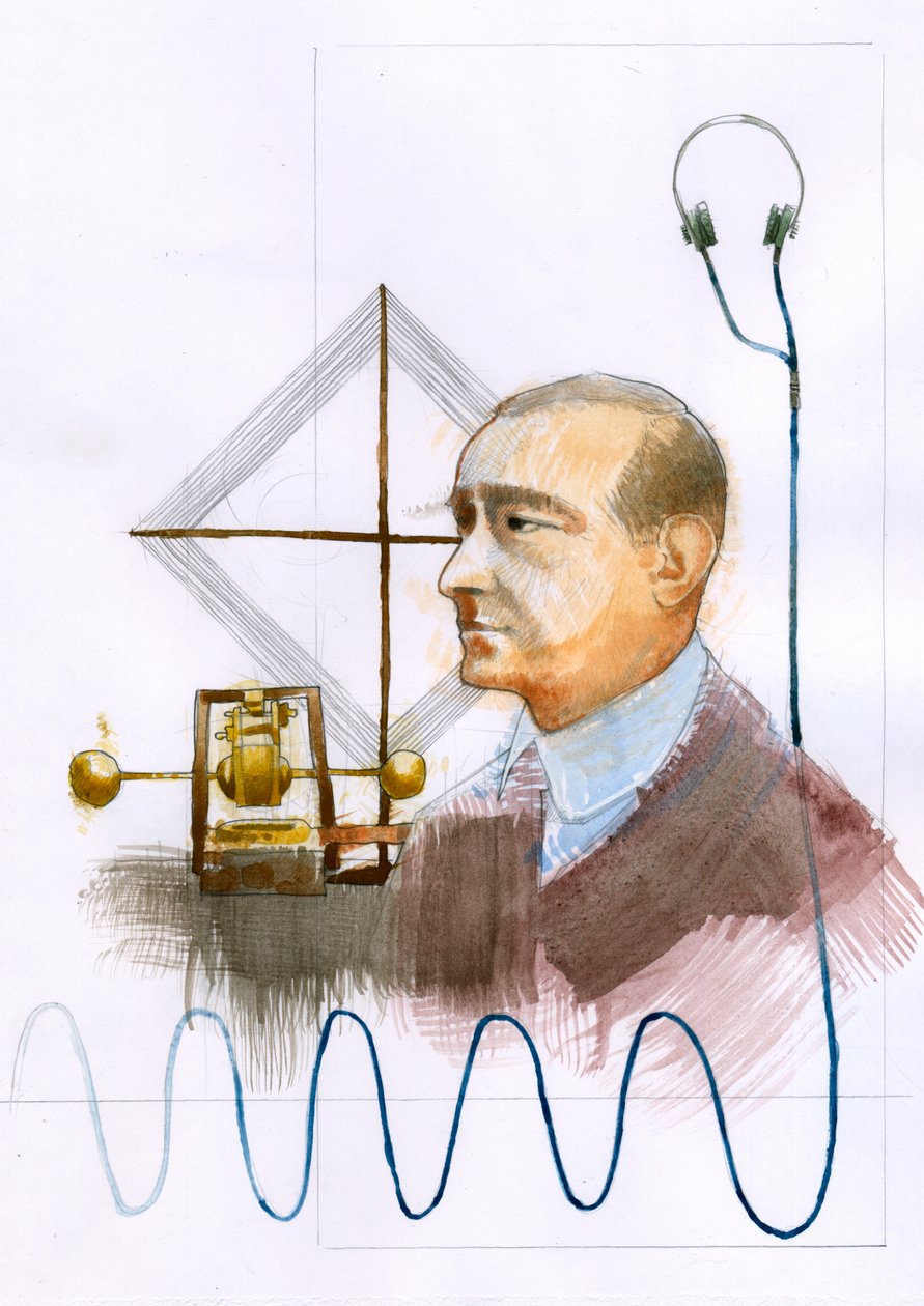 İtalyan fizikçi, telgrafın mucidi Guglielmo Marconi'nin (1874-1937) Portresi” (İtalyan mucit ve elektrik mühendisi Guglielmo Marconi'nin portresi, uzun mesafeli radyo iletimi konusundaki öncü çalışmalarıyla ve by Alessandro Lonati