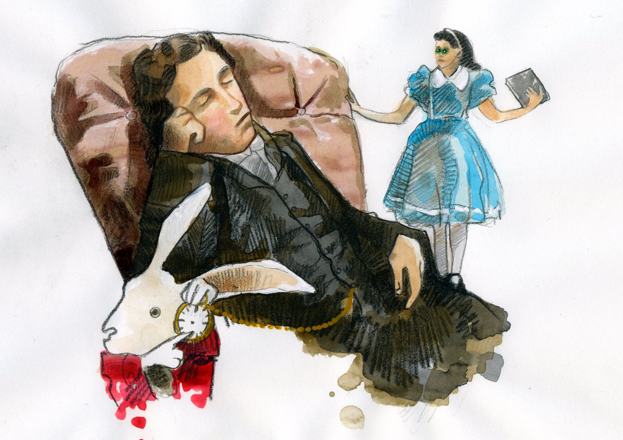 Lewis Carroll'un Portresi romancı, denemeci, fotoğrafçı karakterlerini çevreliyor (Portrait of Lewis Carroll (1832-1898)) by Alessandro Lonati
