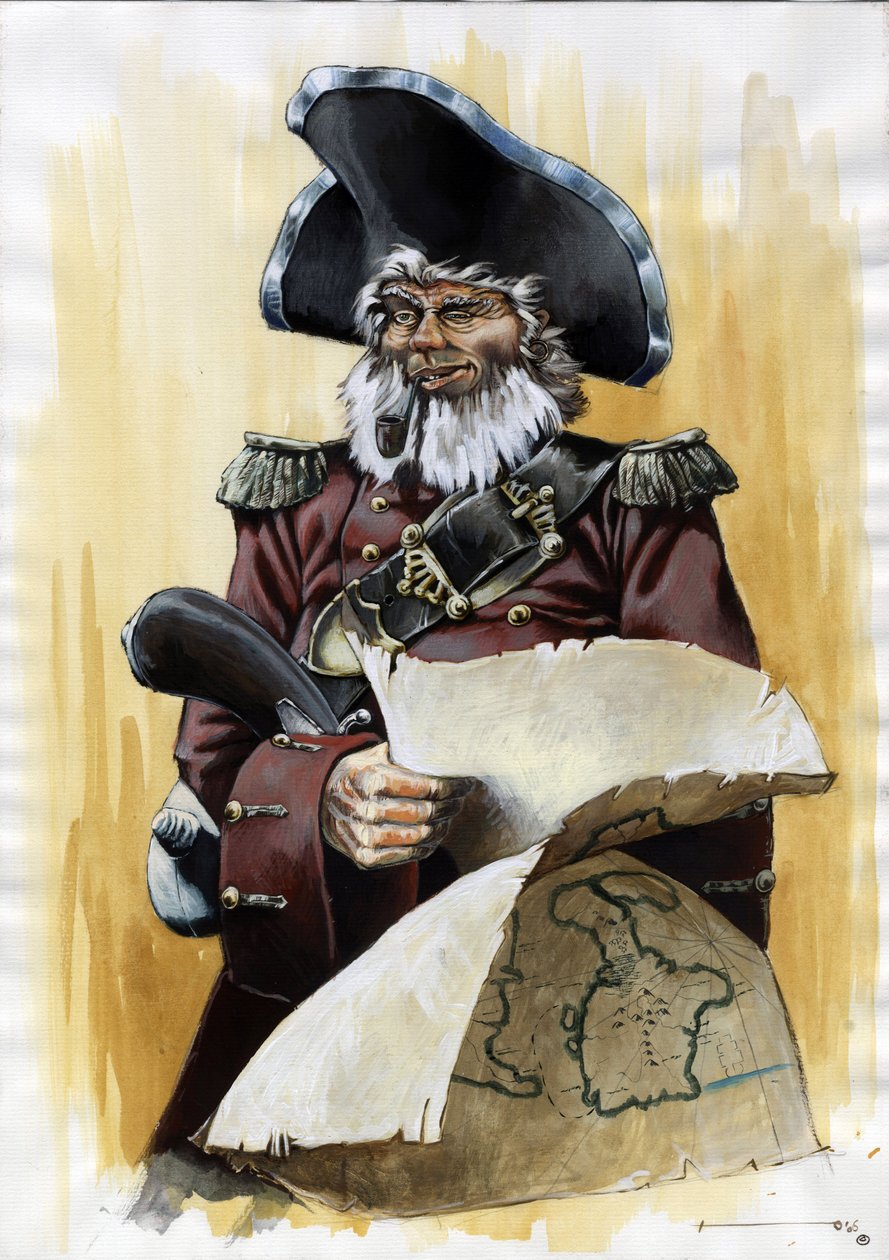 Elinde hainin haritası olan bir üç boynuzlu korsan (korsan) veya denizcinin portresi. Alessandro Lonati'nin çizdiği renk. by Alessandro Lonati