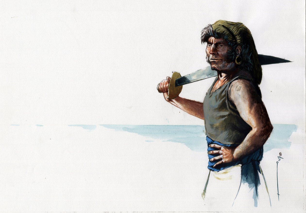 Denize bakan kılıçlı bir korsan (korsan) veya denizcinin portresi. Alessandro Lonati'nin çizdiği renk. by Alessandro Lonati