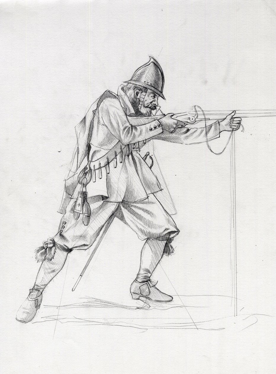 17. yüzyıla ait bir gemi askerinin portresi, kendini ateş pozisyonuna sokuyor. Alessandro Lonati'nin çizimi. by Alessandro Lonati
