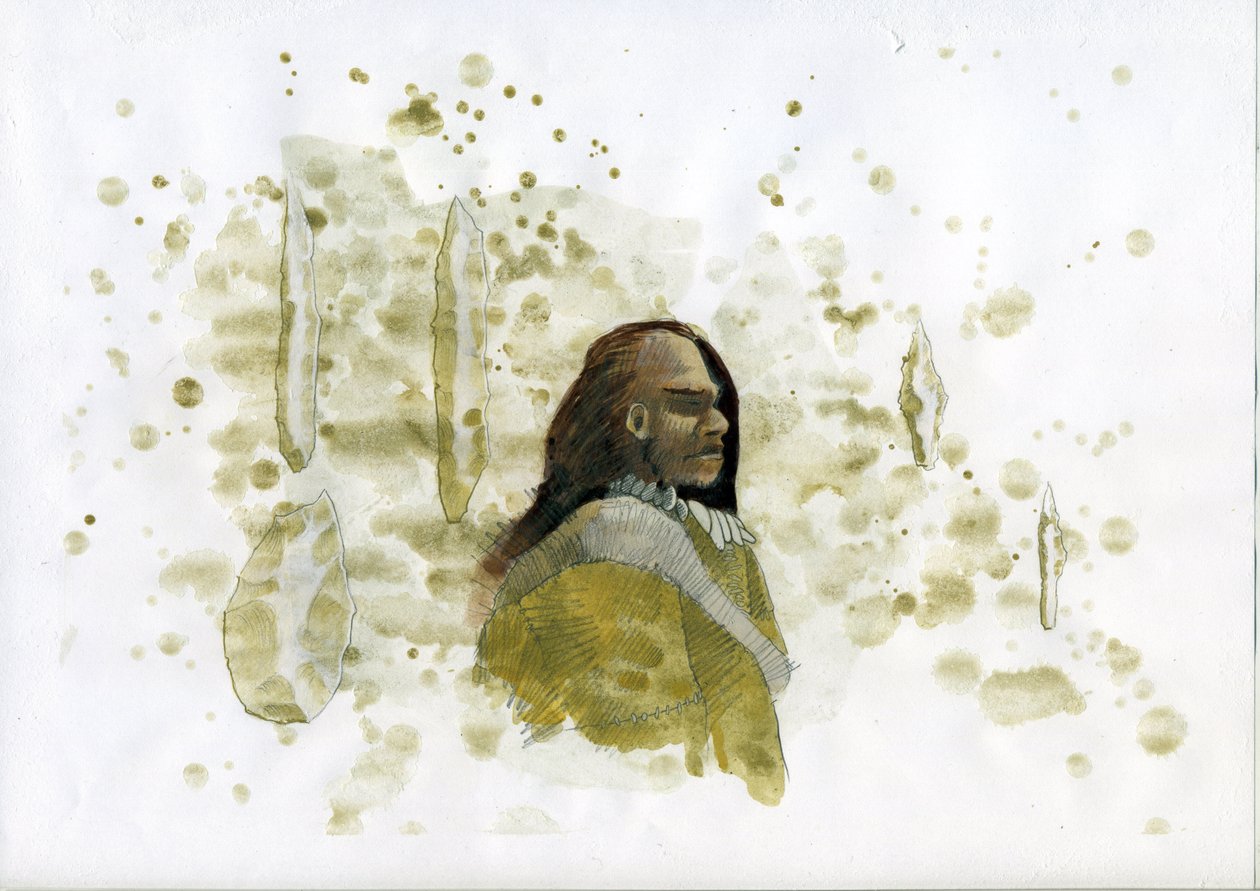 Tarih Öncesi: Çakmaktaşı aletlerle Neandertal adamı Alessandro Lonati'nin çizimi by Alessandro Lonati